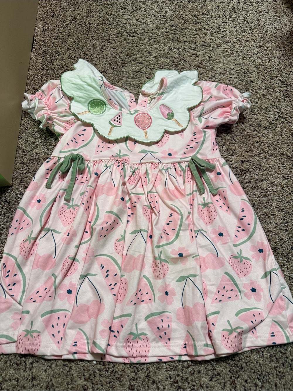 Pink Strawberry Print Girls' Casual Dress with Decorative Collar 4 XL